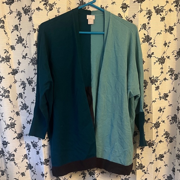 Chico's Women's Colorblock Teal and Light Blue Open Cardigan Sweater - Picture 2 of 6